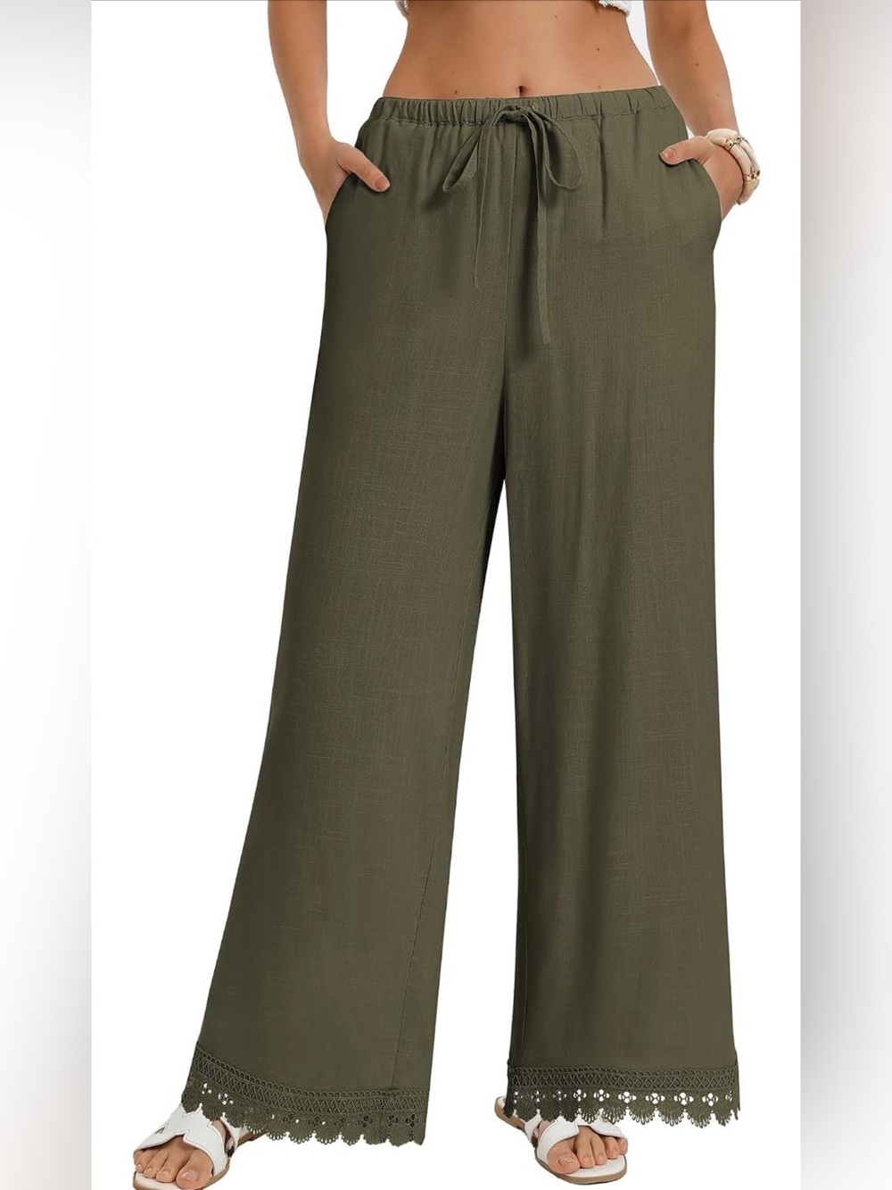 Grace Karin Olive Green Linen Wide-Leg Drawstring Pants
